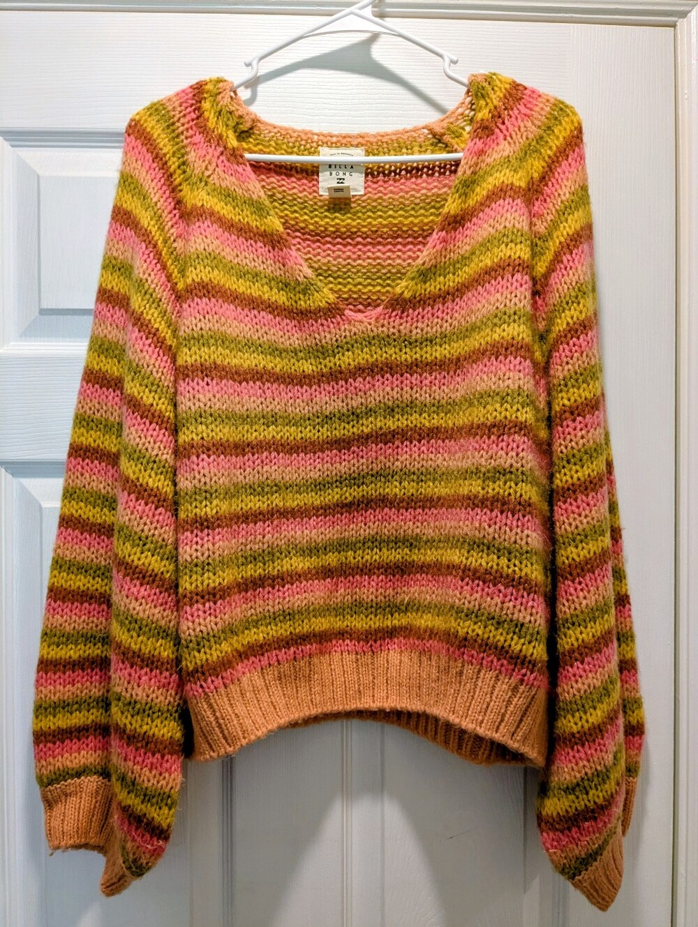 Billabong Women's Striped V-Neck Sweater in Pink, Olive & Peach